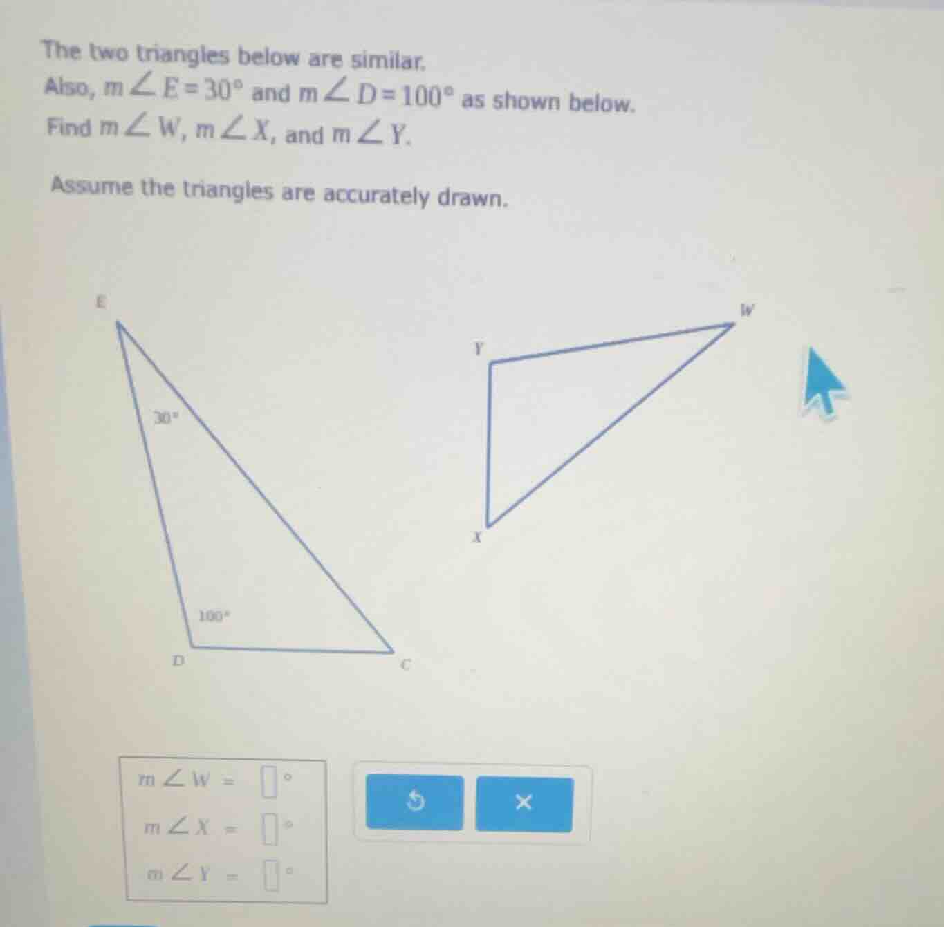 the two triangles below are similar. also, $m\\angle e=30^{\\circ}$ and…