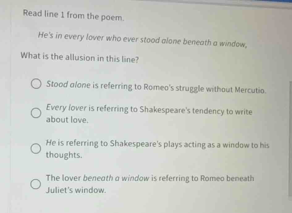 read line 1 from the poem. hes in every lover who ever stood alone bene…