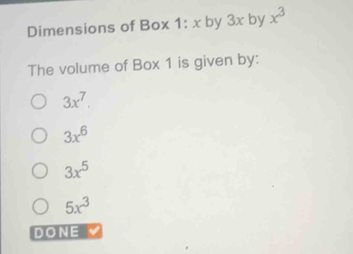 dimensions of box 1: $x$ by $3x$ by $x^3$ the volume of box 1 is given …