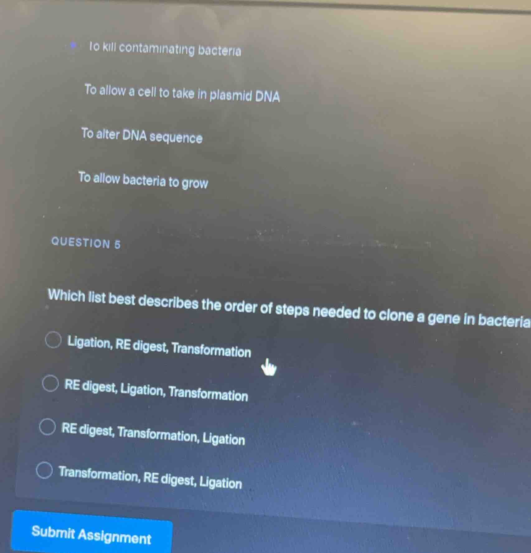 to kill contaminating bacteria to allow a cell to take in plasmid dna t…