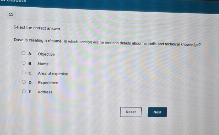 11 select the correct answer. dave is creating a résumé. in which secti…