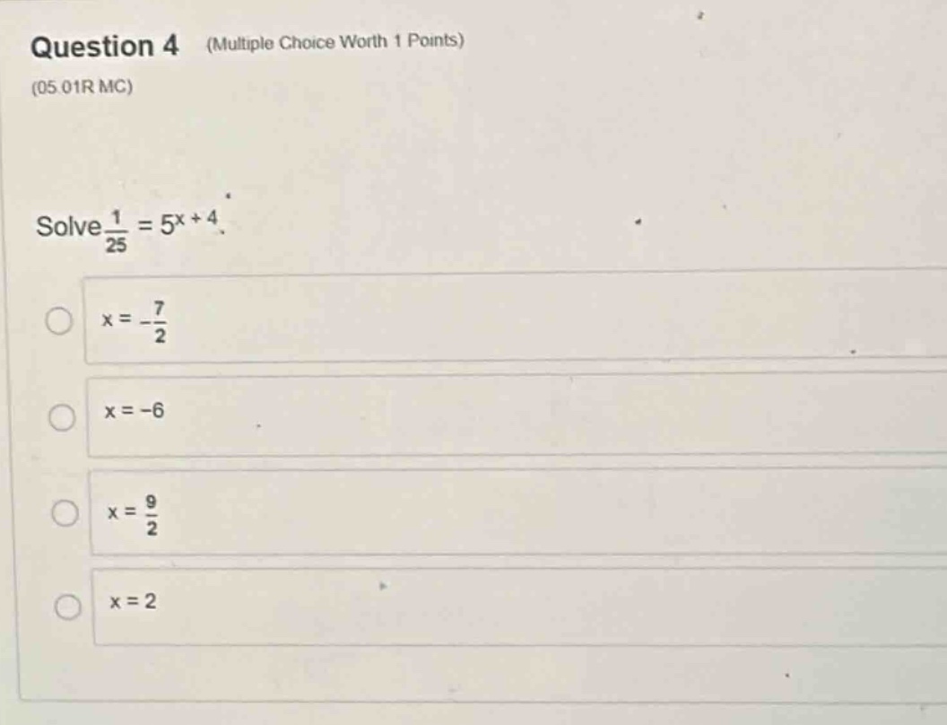 question 4 (multiple choice worth 1 points)(05.01r mc)solve $\frac{1}{2…