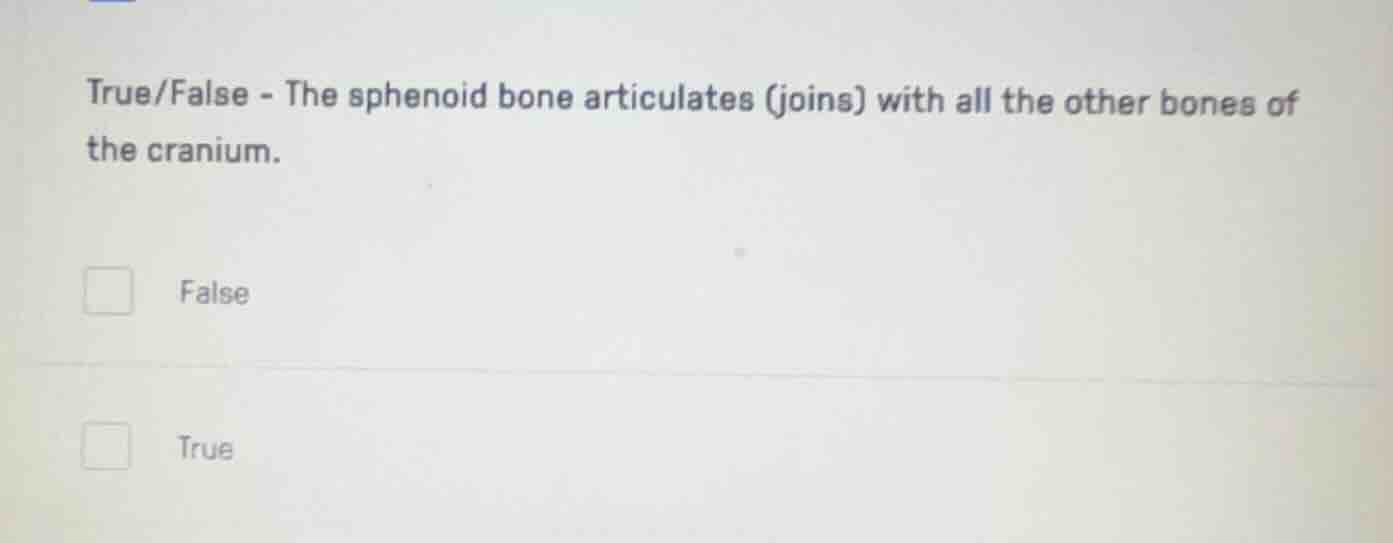 true/false - the sphenoid bone articulates (joins) with all the other b…