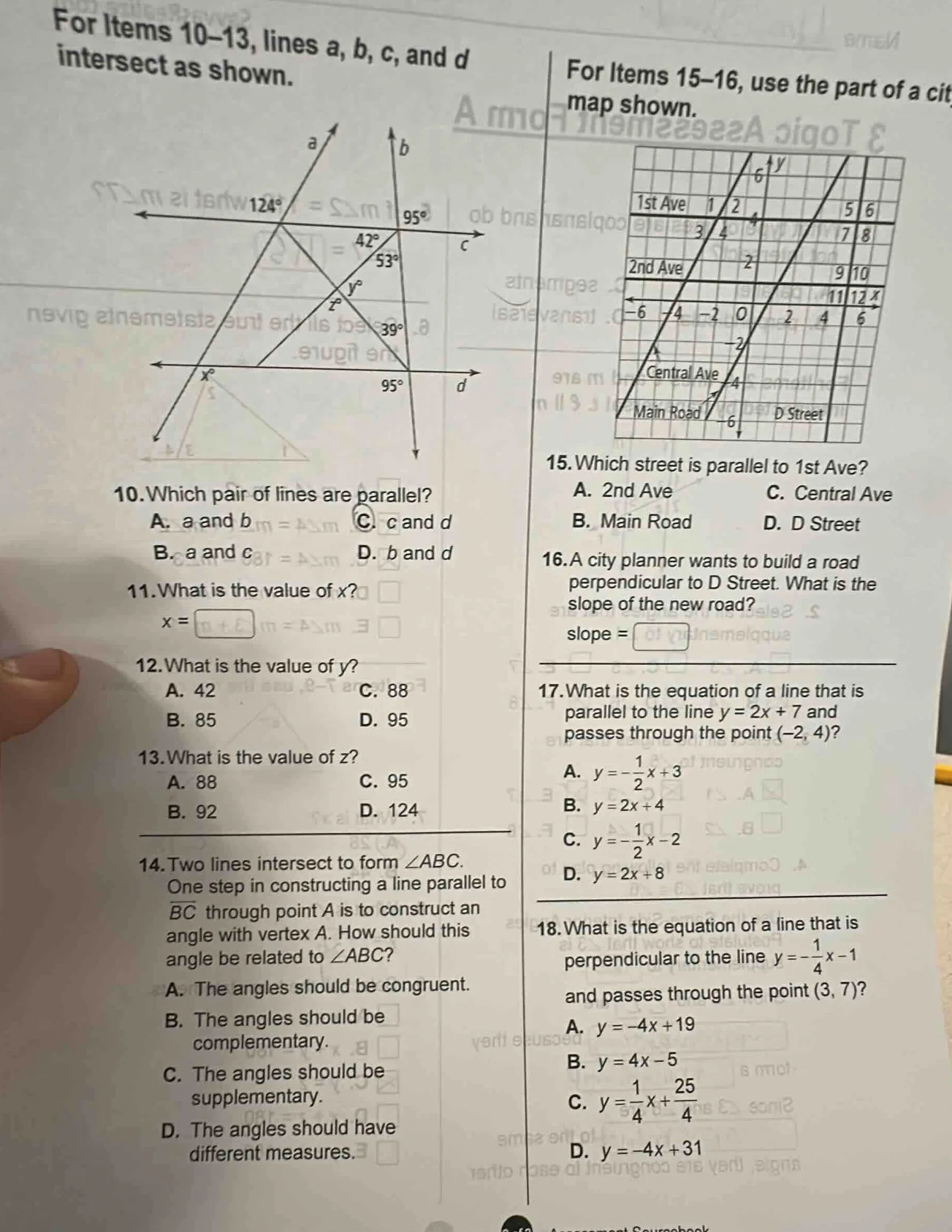 for items 10-13, lines a, b, c, and d intersect as shown.10.which pair …