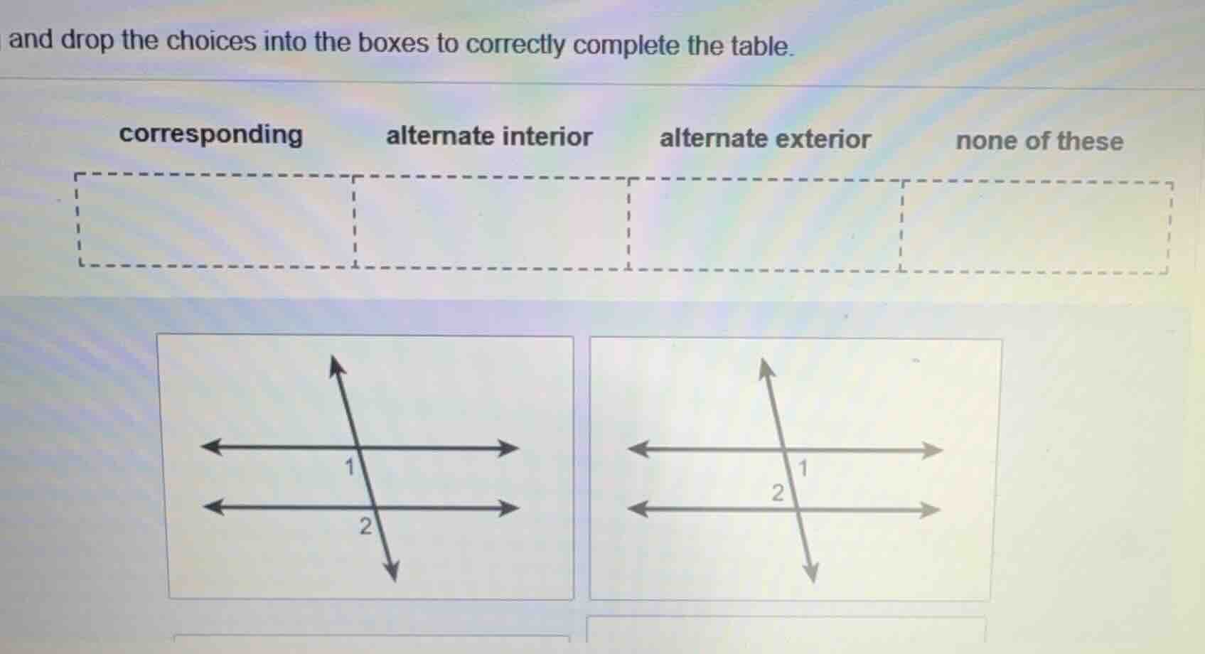and drop the choices into the boxes to correctly complete the table. co…