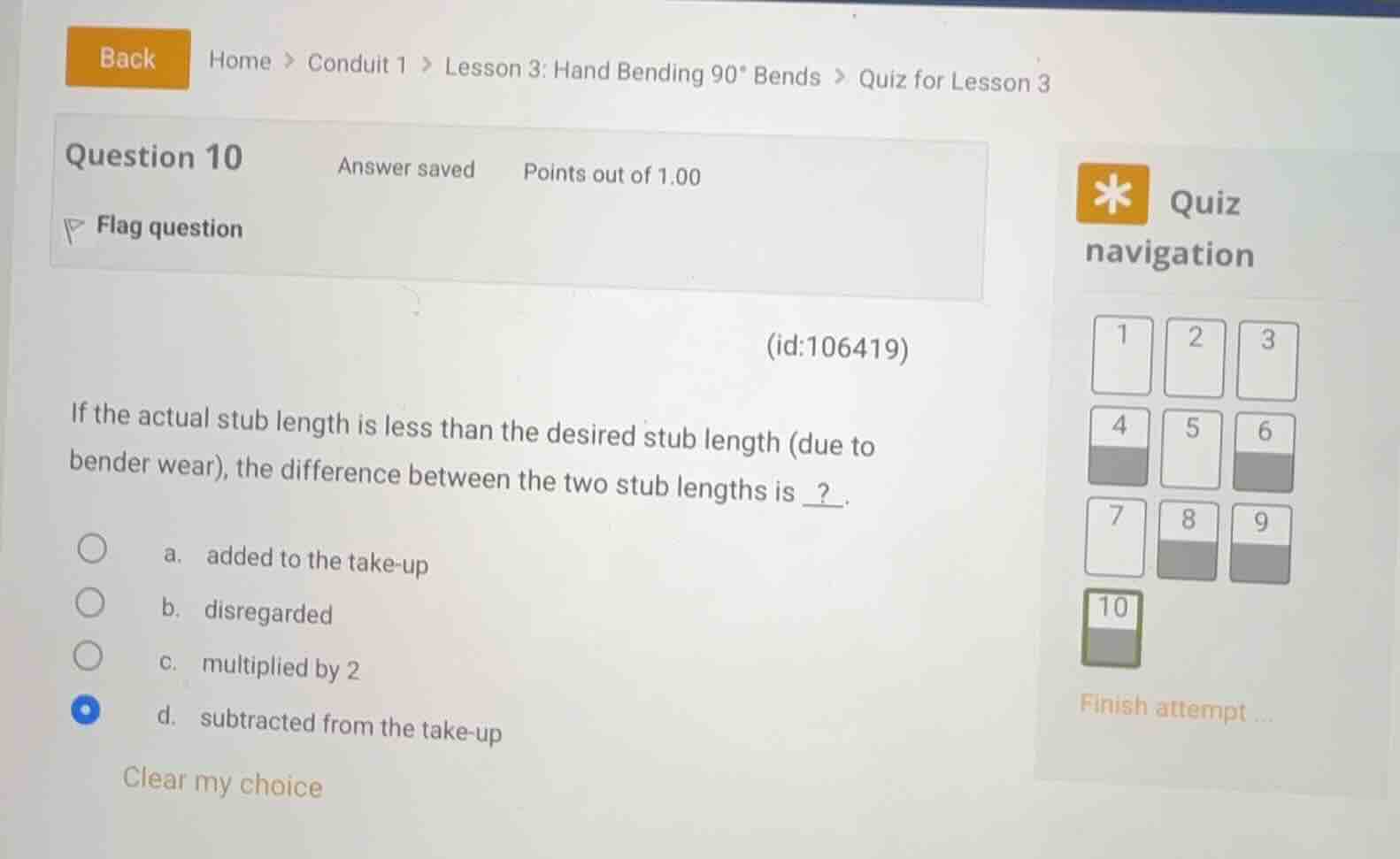back home > conduit 1 > lesson 3: hand bending 90° bends > quiz for les…