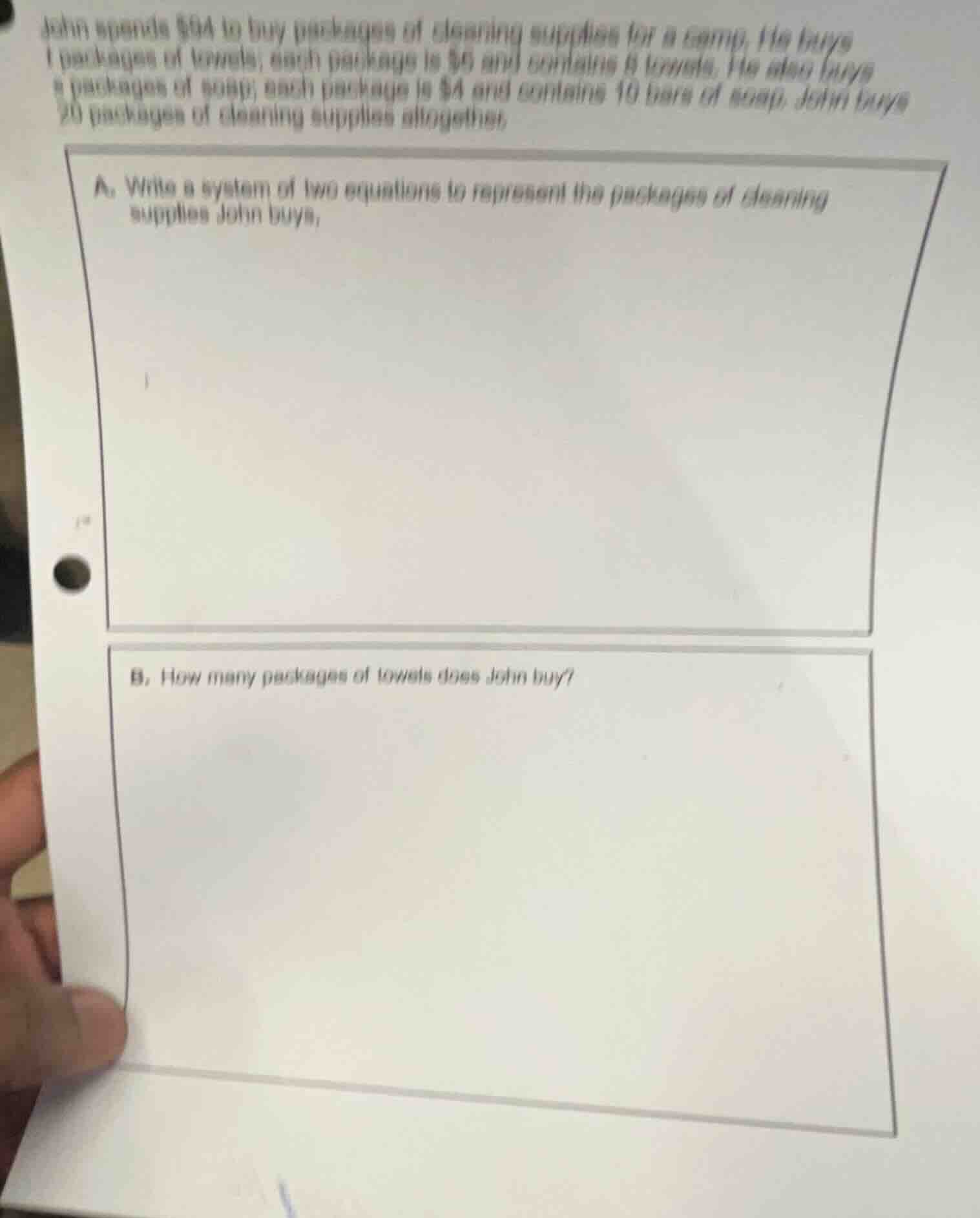 john spends $94 to buy packages of cleaning supplies for a camp. he buy…