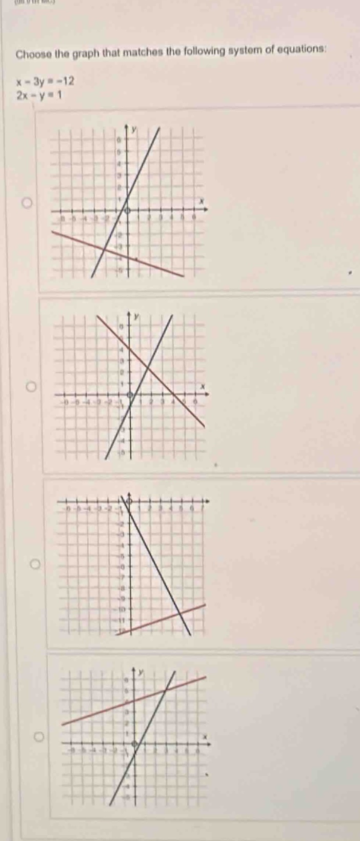 choose the graph that matches the following system of equations: $x - 3…