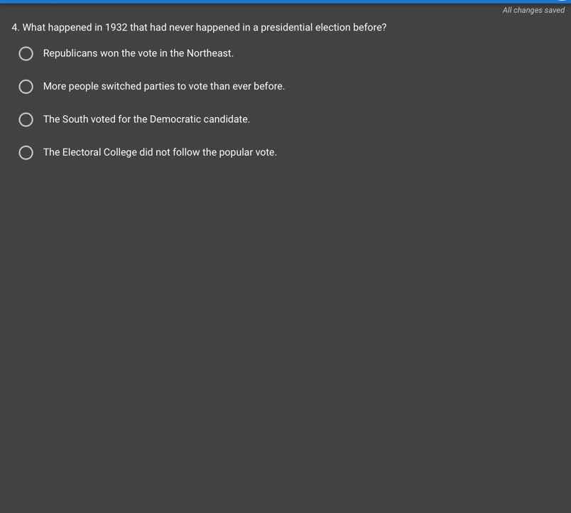 4. what happened in 1932 that had never happened in a presidential elec…