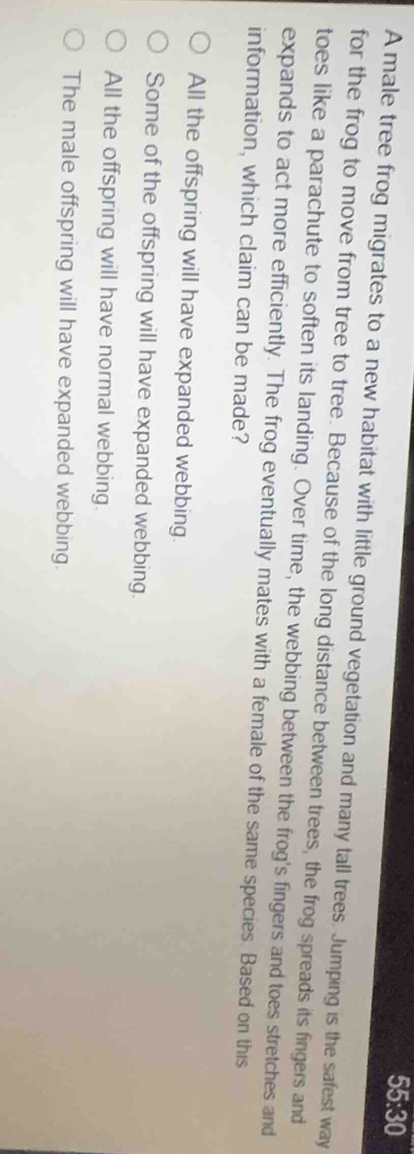 a male tree frog migrates to a new habitat with little ground vegetatio…