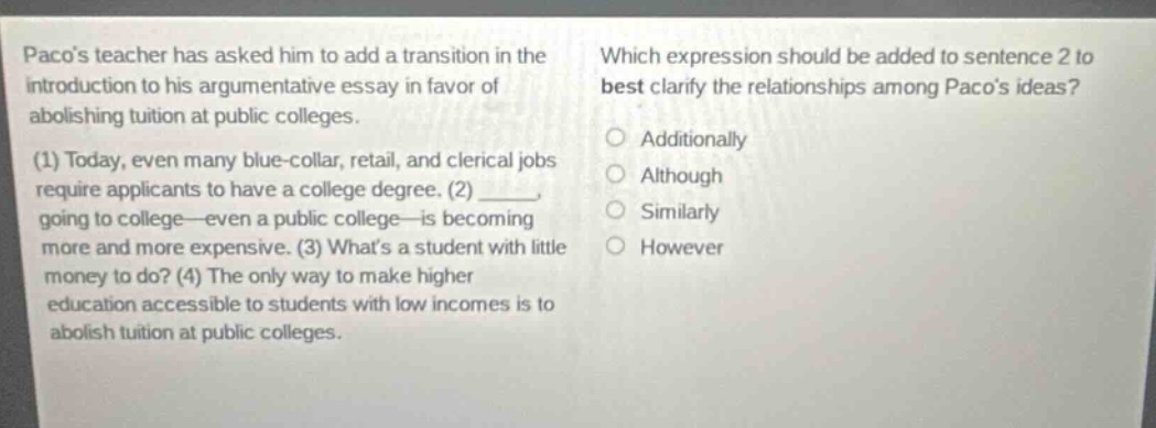 pacos teacher has asked him to add a transition in the introduction to …