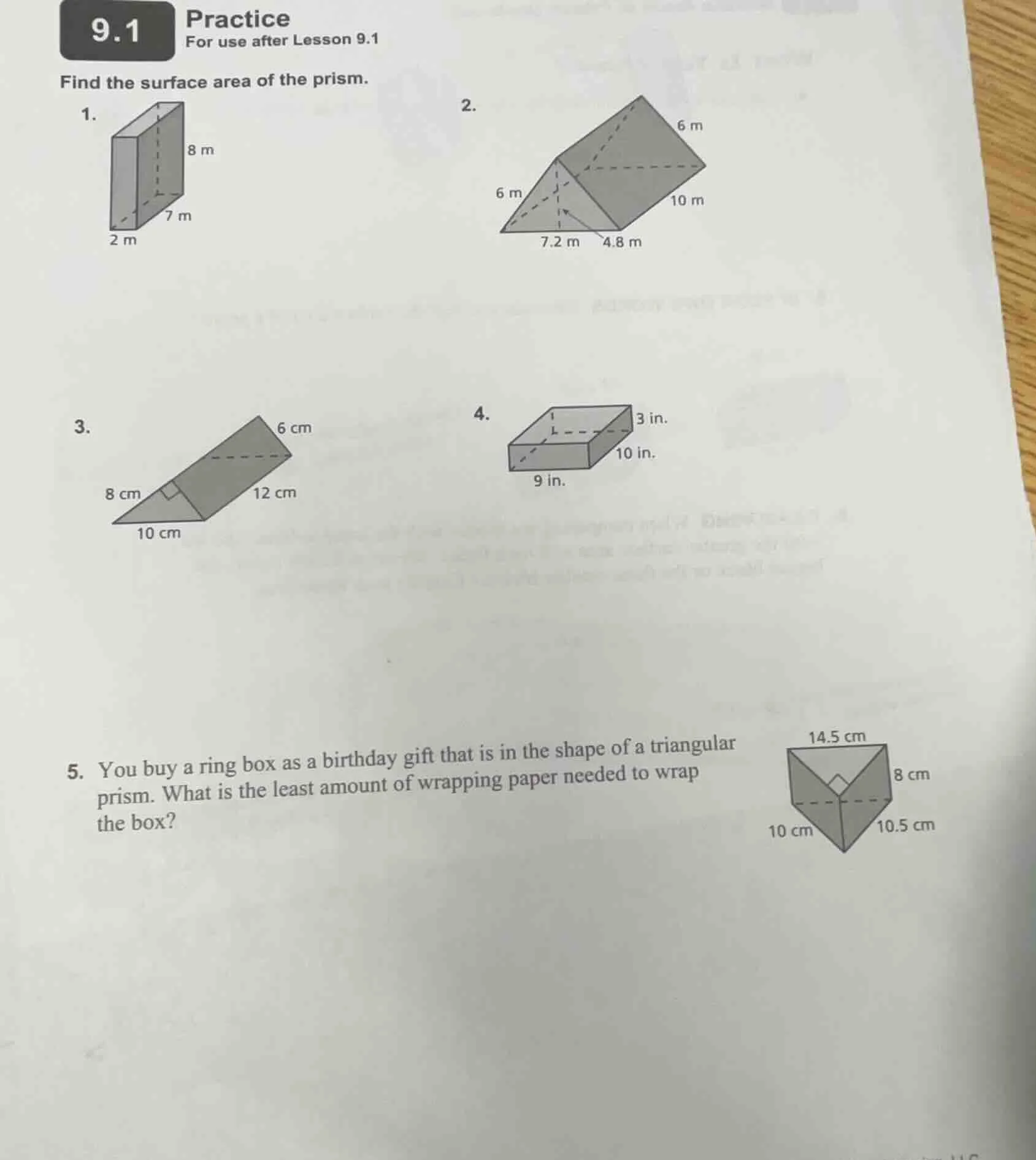 9.1 practice for use after lesson 9.1 find the surface area of the pris…