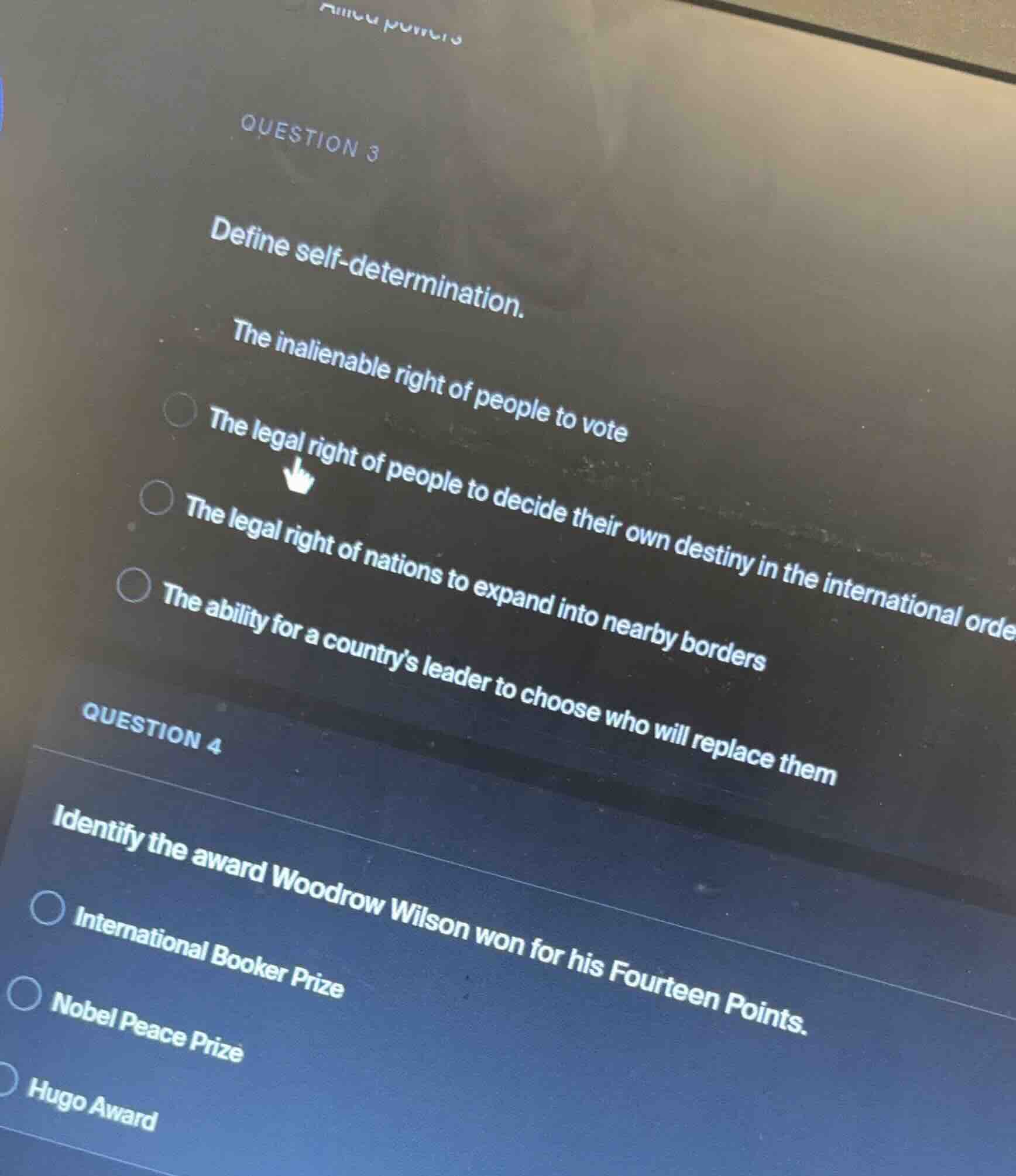 question 3 define self-determination. the inalienable right of people t…