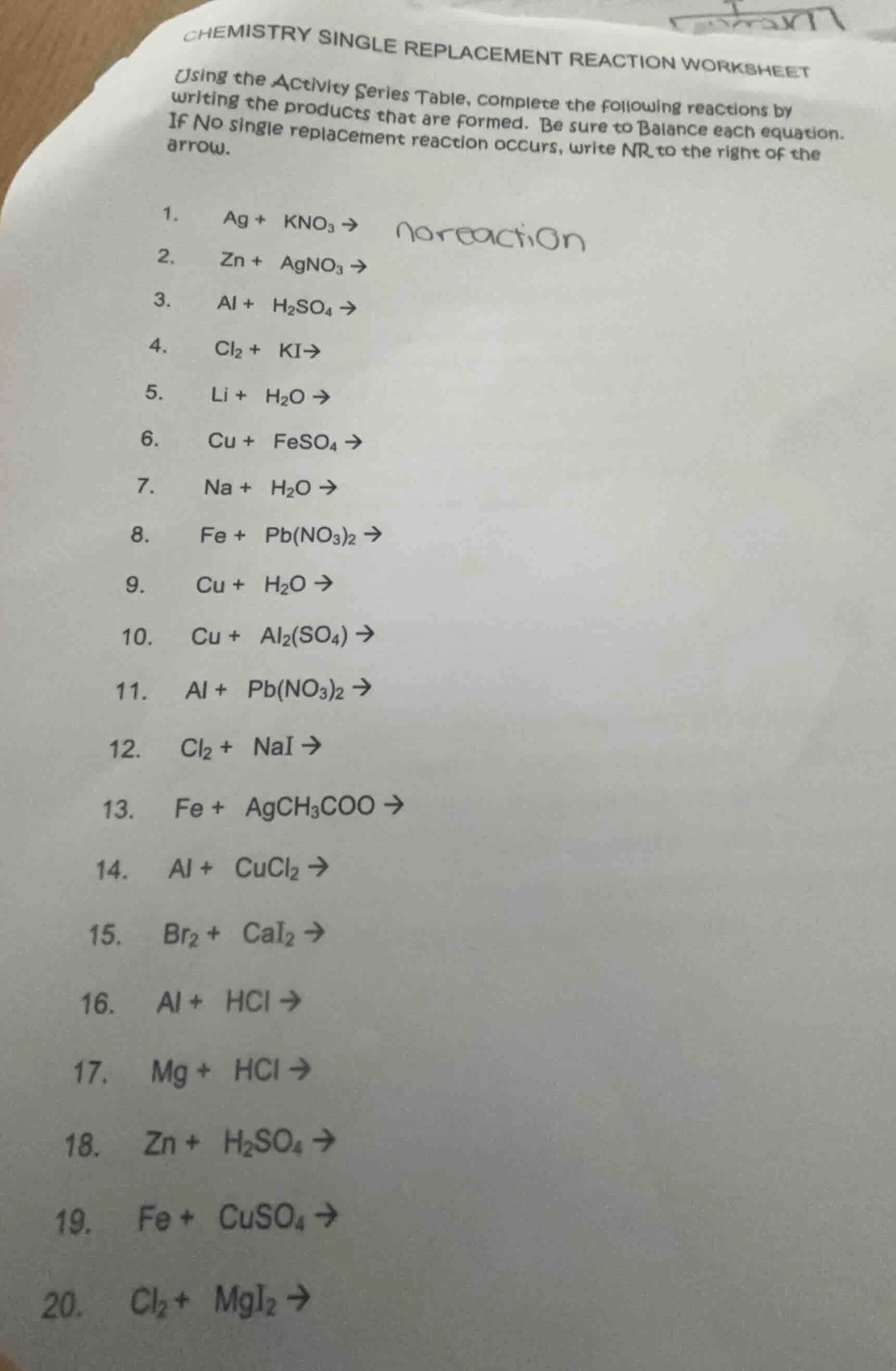 chemistry single replacement reaction worksheet using the activity seri…