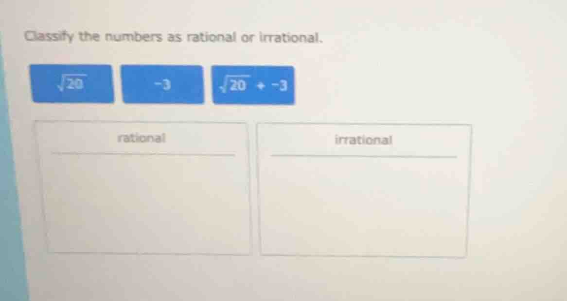 classify the numbers as rational or irrational. $sqrt{20}$, $-3$, $sqrt…