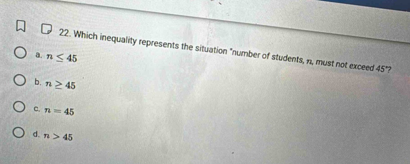 22. which inequality represents the situation number of students, $n$, …