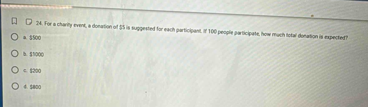 24. for a charity event, a donation of $5 is suggested for each partici…