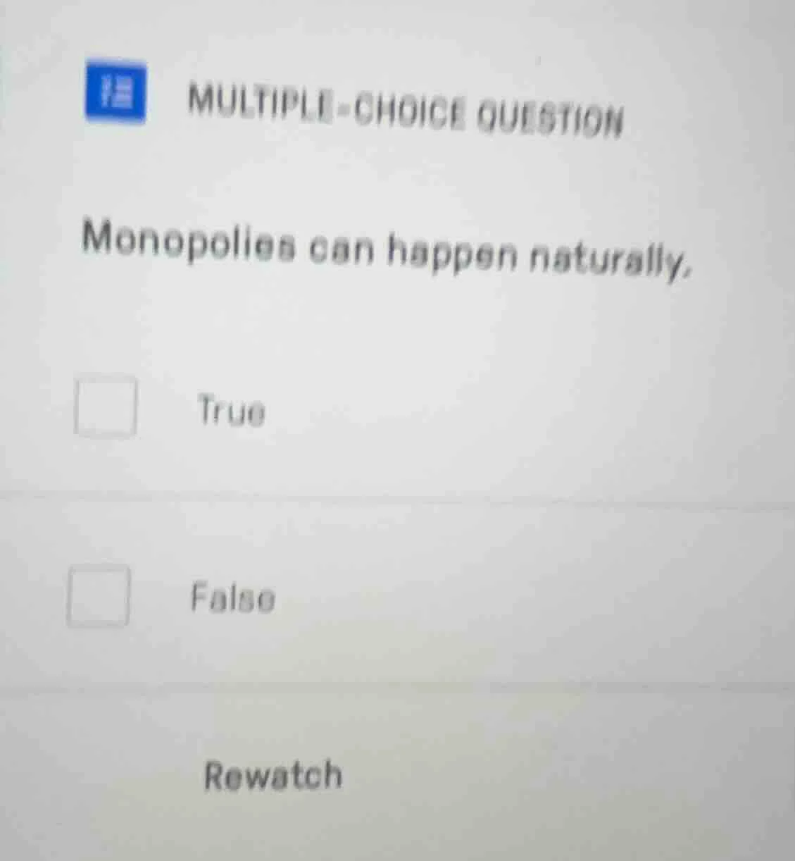 multiple-choice question monopolies can happen naturally. true false re…