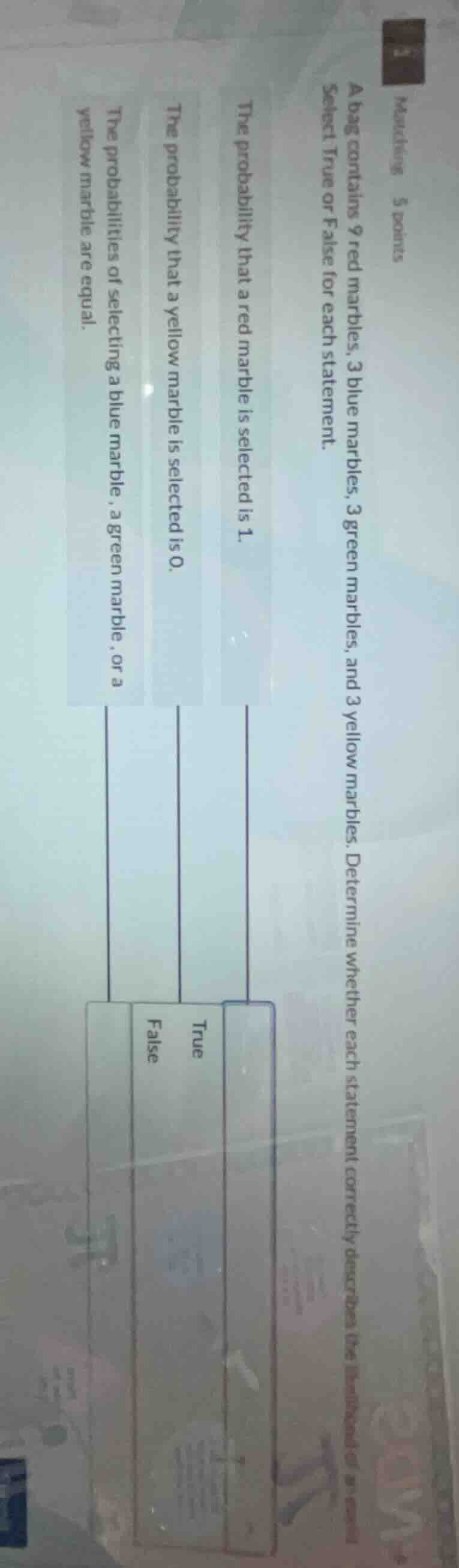 matching 5 points a bag contains 9 red marbles, 3 blue marbles, 3 green…