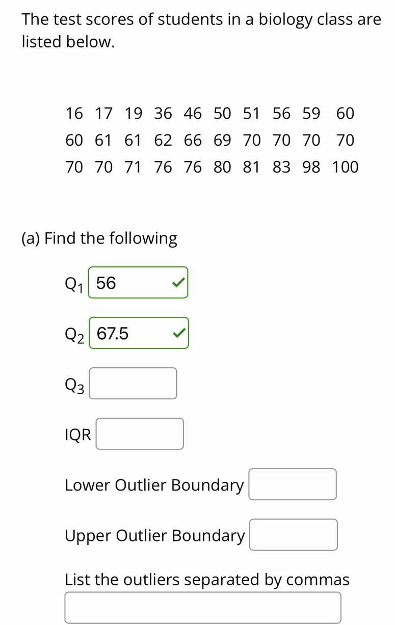 the test scores of students in a biology class are listed below. 16 17 …