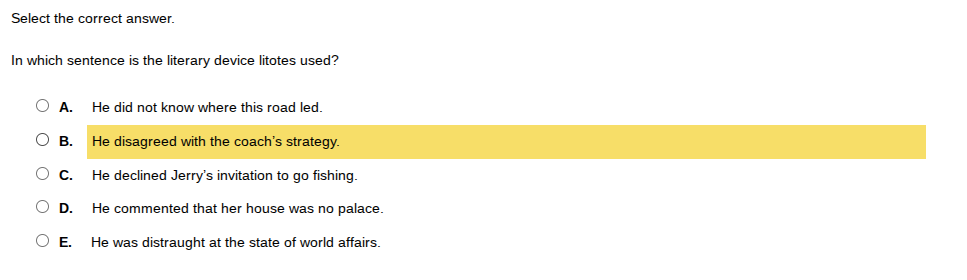 select the correct answer. in which sentence is the literary device lit…