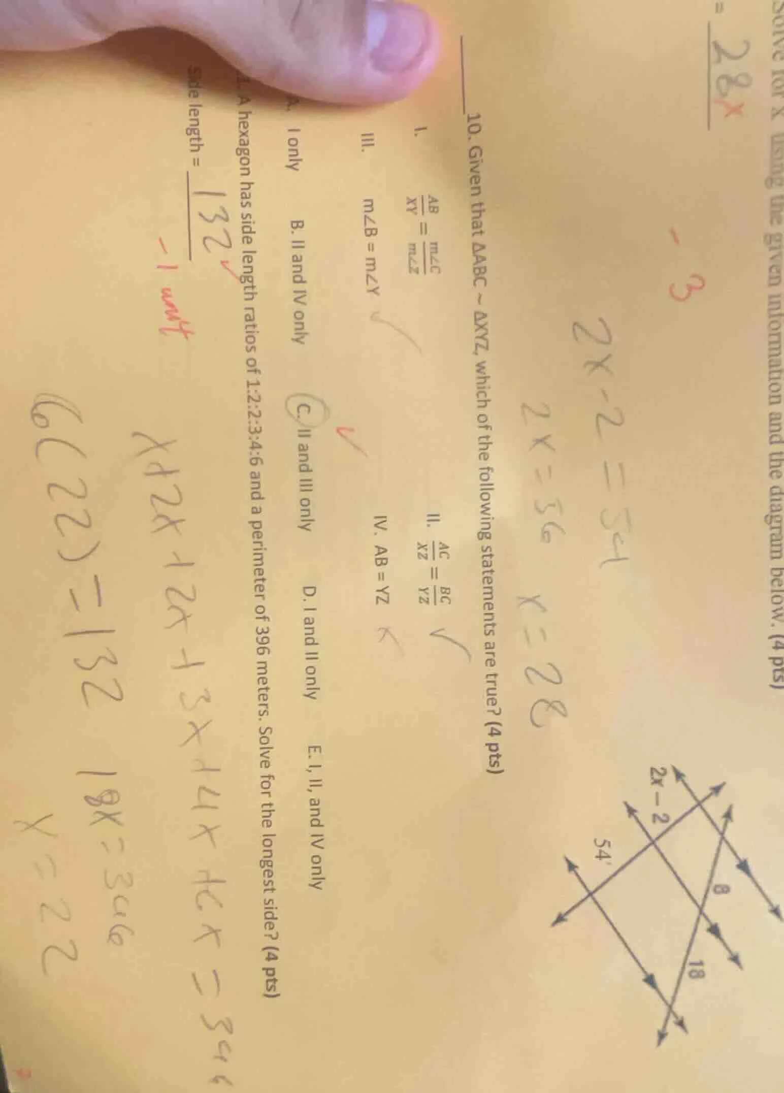solve for x using the given information and the diagram below. (4 pts)$…