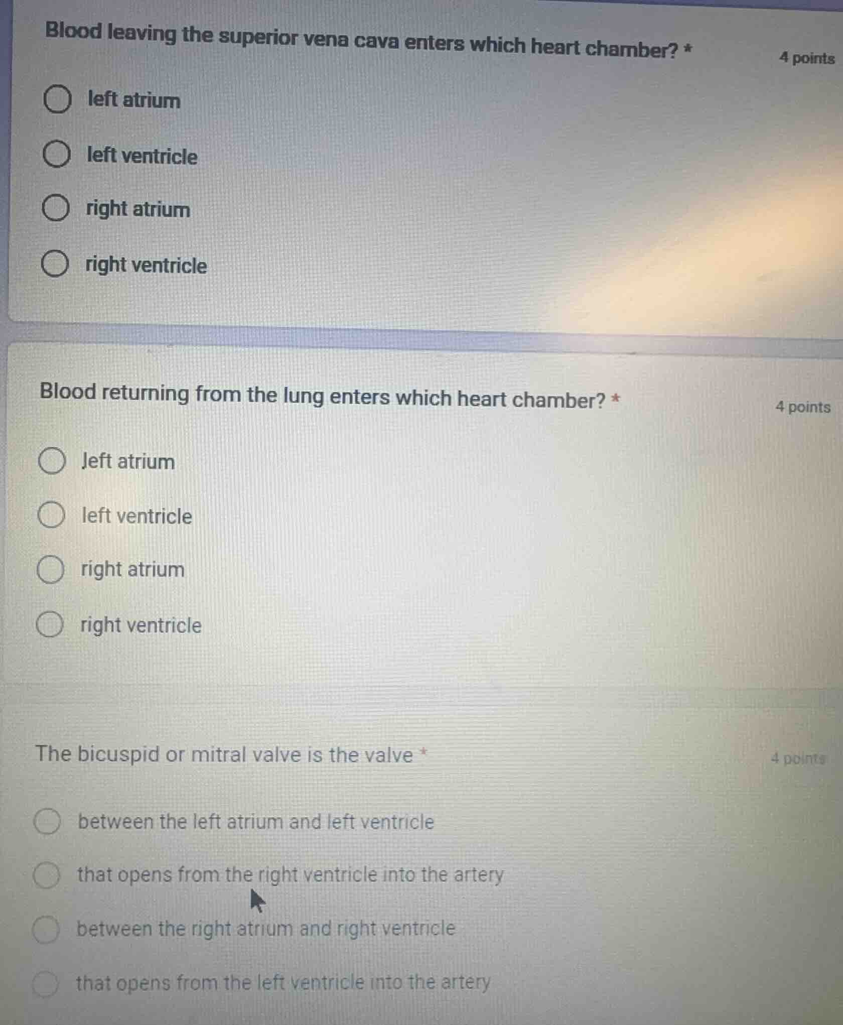 blood leaving the superior vena cava enters which heart chamber? * 4 po…