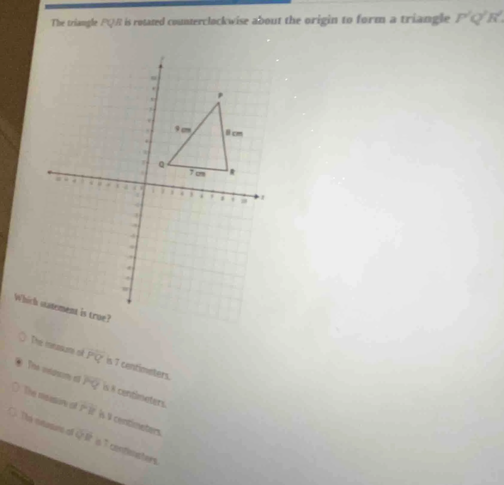 the triangle pqr is rotated counterclockwise about the origin to form a…