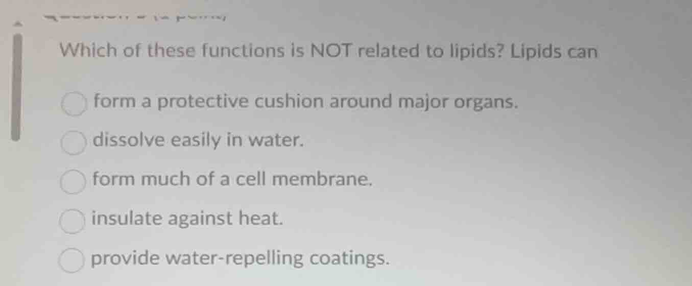 which of these functions is not related to lipids? lipids can form a pr…