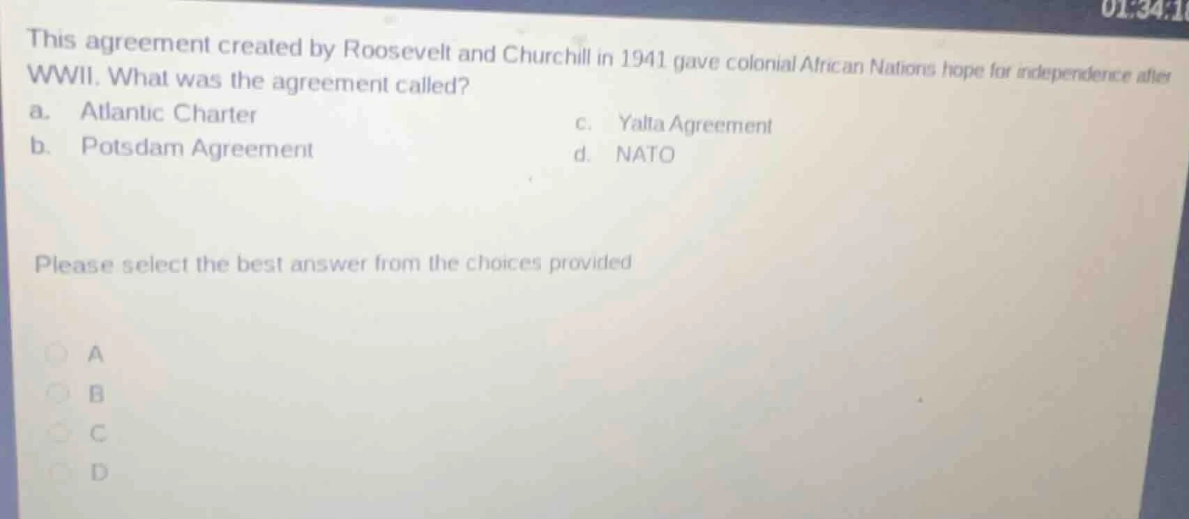 this agreement created by roosevelt and churchill in 1941 gave colonial…