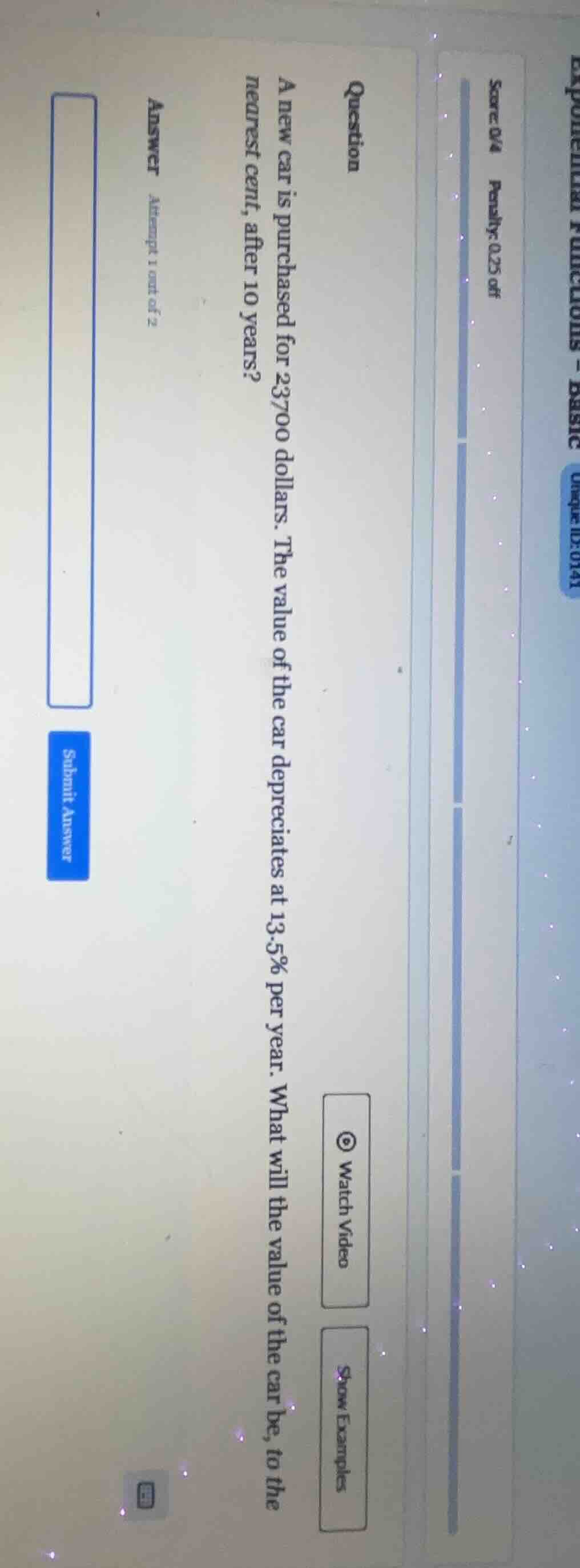 score: 0/4 penalty: 0.25 off question a new car is purchased for 23700 …