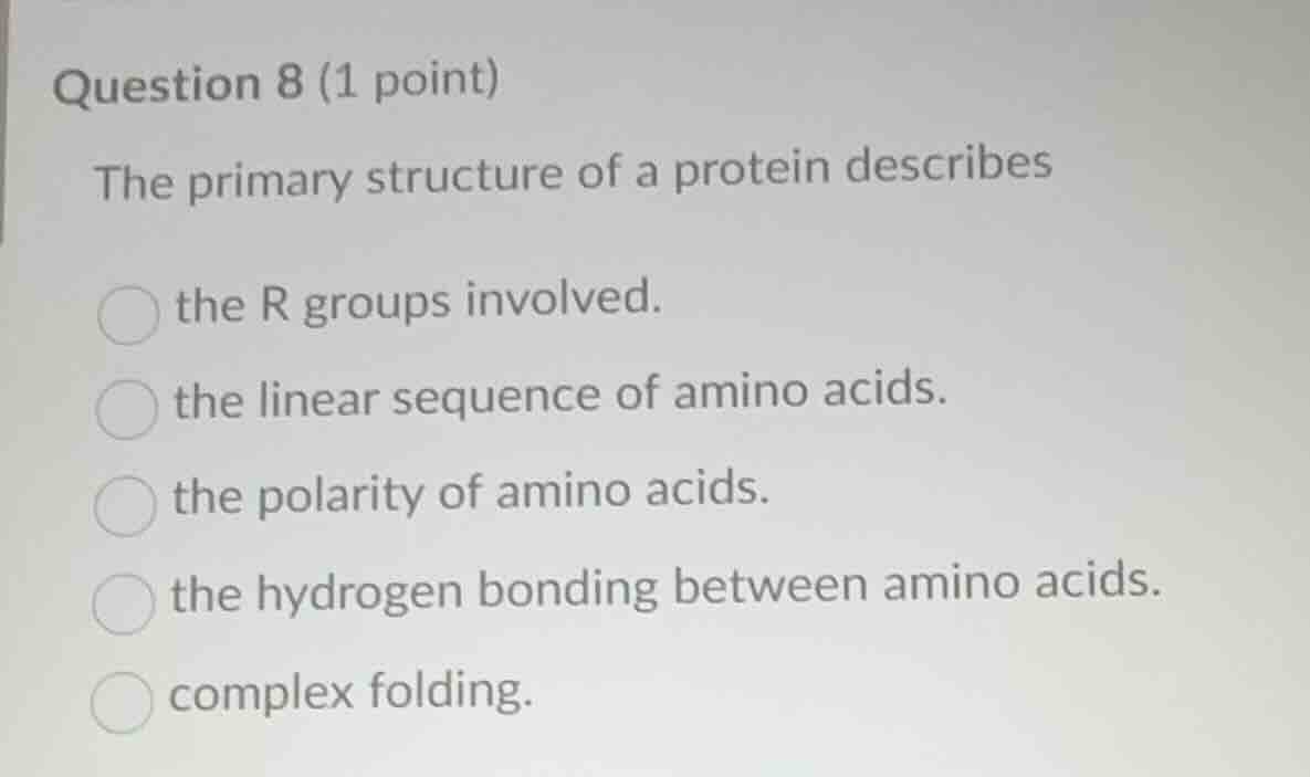 question 8 (1 point) the primary structure of a protein describes the r…
