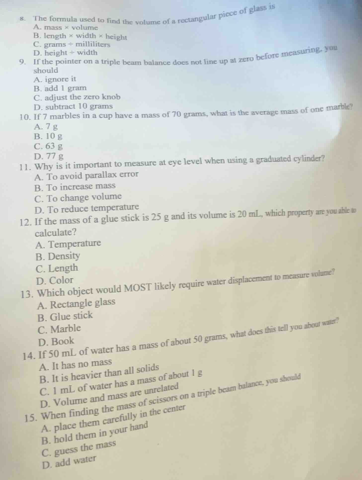 8. the formula used to find the volume of a rectangular piece of glass …