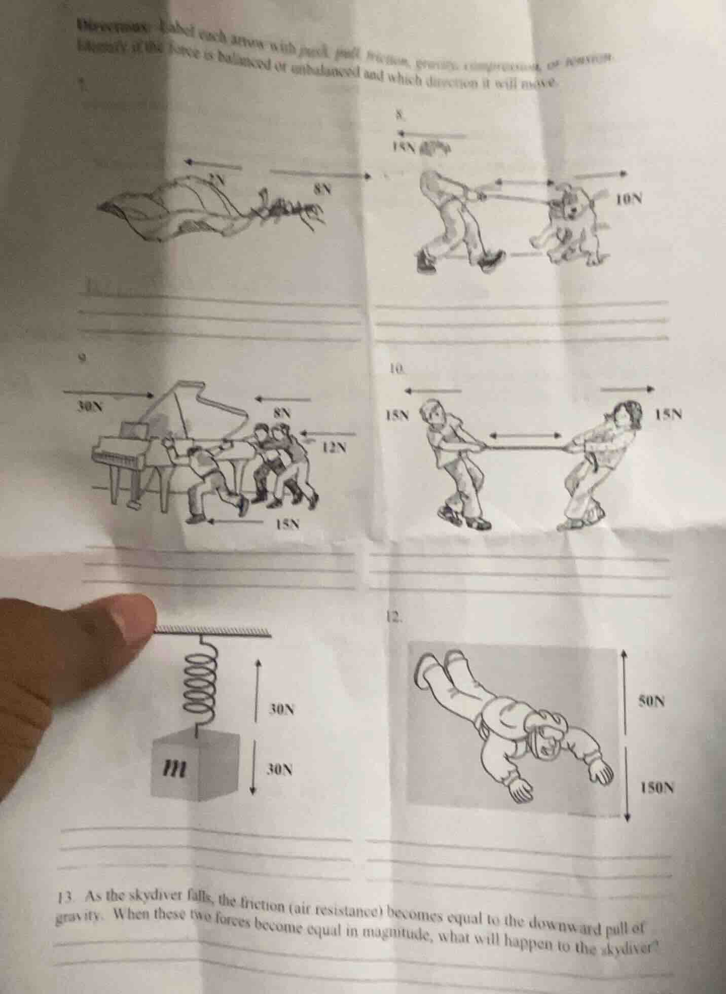 directions: label each arrow with push, pull, friction, gravity, compre…