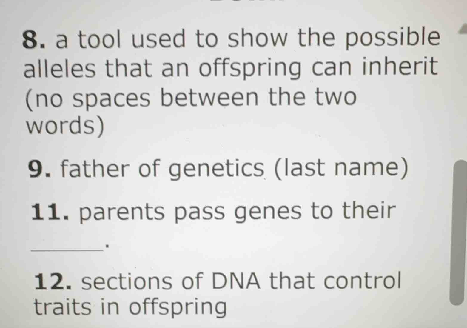 8. a tool used to show the possible alleles that an offspring can inher…