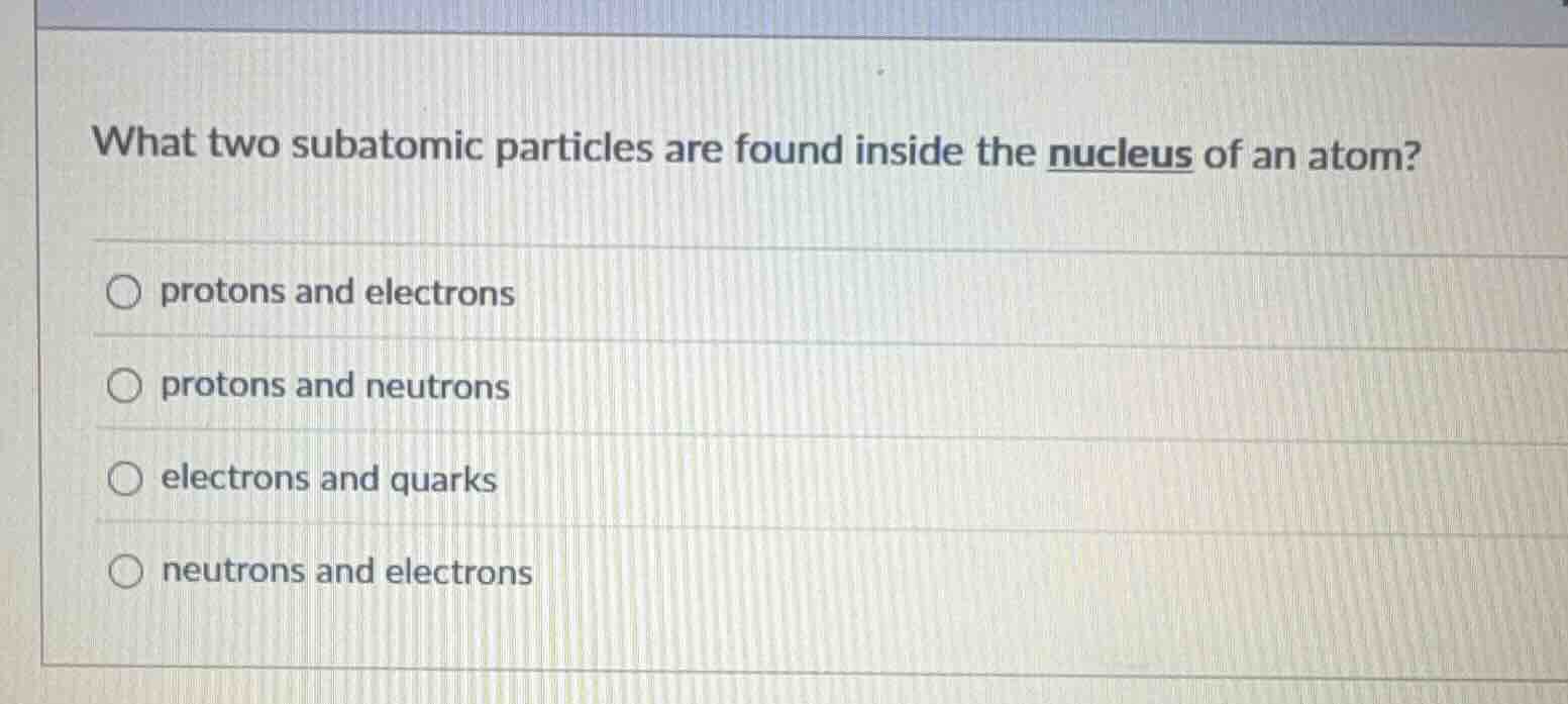 what two subatomic particles are found inside the nucleus of an atom?○ …