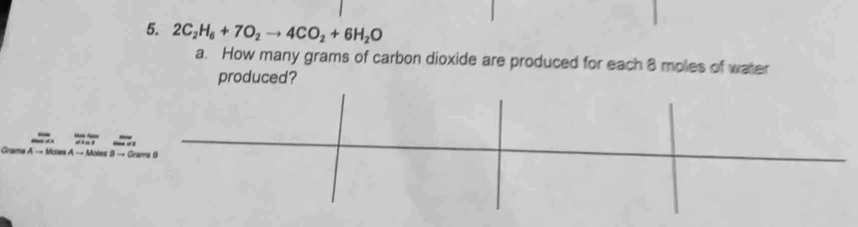 5. $2c_{2}h_{6} + 7o_{2} \ ightarrow 4co_{2} + 6h_{2}o$ a. how many gra…