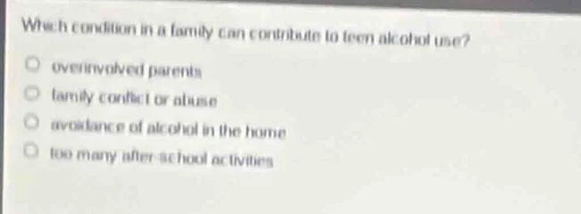 which condition in a family can contribute to teen alcohol use?○ overin…