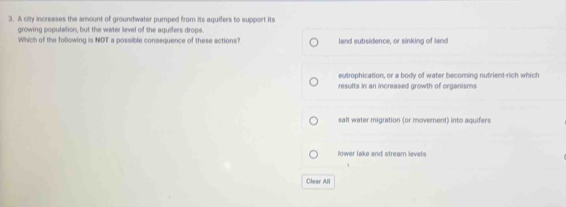 3. a city increases the amount of groundwater pumped from its aquifers …