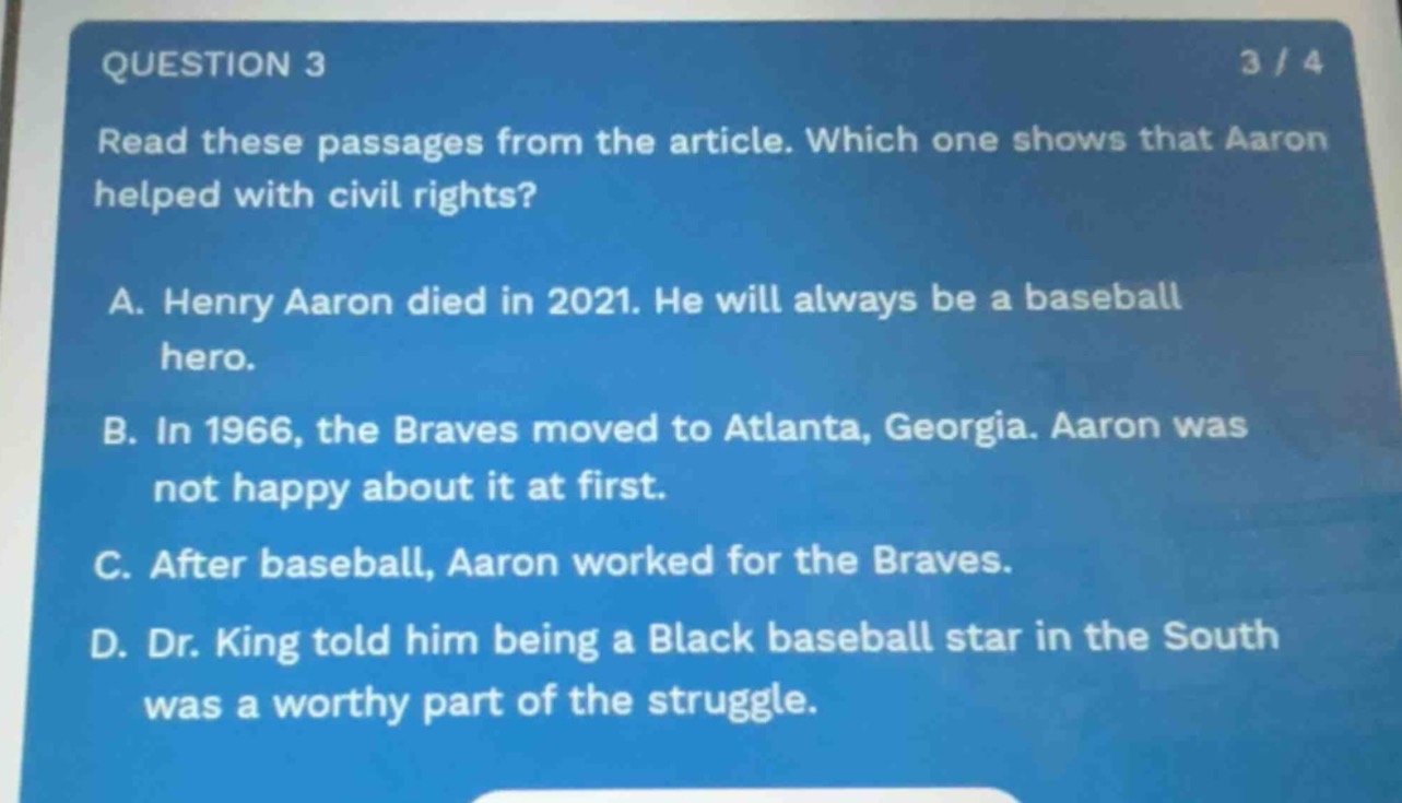 question 3 3 / 4 read these passages from the article. which one shows …