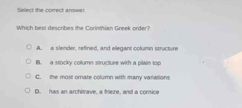 select the correct answer. which best describes the corinthian greek or…