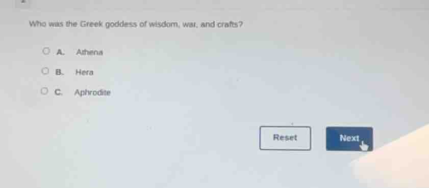 who was the greek goddess of wisdom, war, and crafts? a. athena b. hera…
