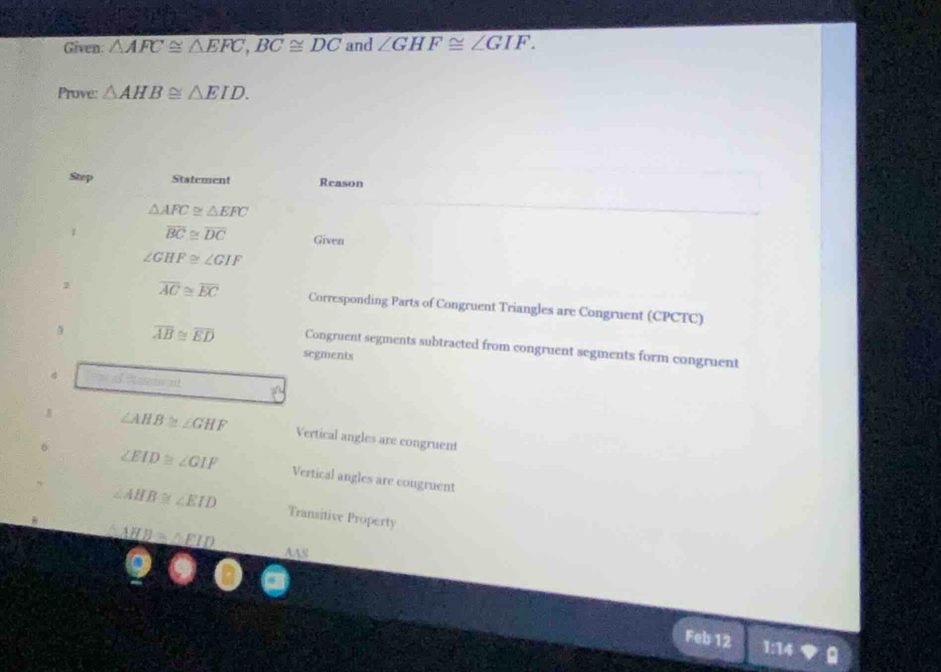 given: $\triangle afc cong \triangle efc$, $overline{bc} cong overline{…