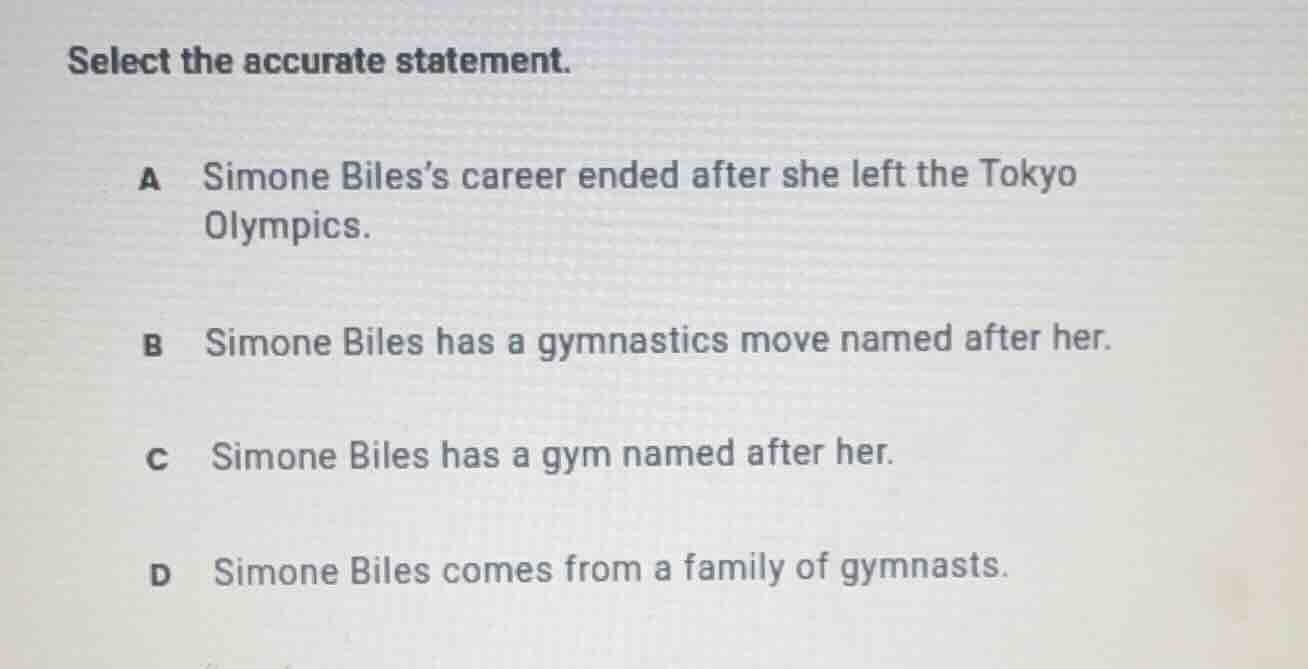 select the accurate statement. a simone biless career ended after she l…
