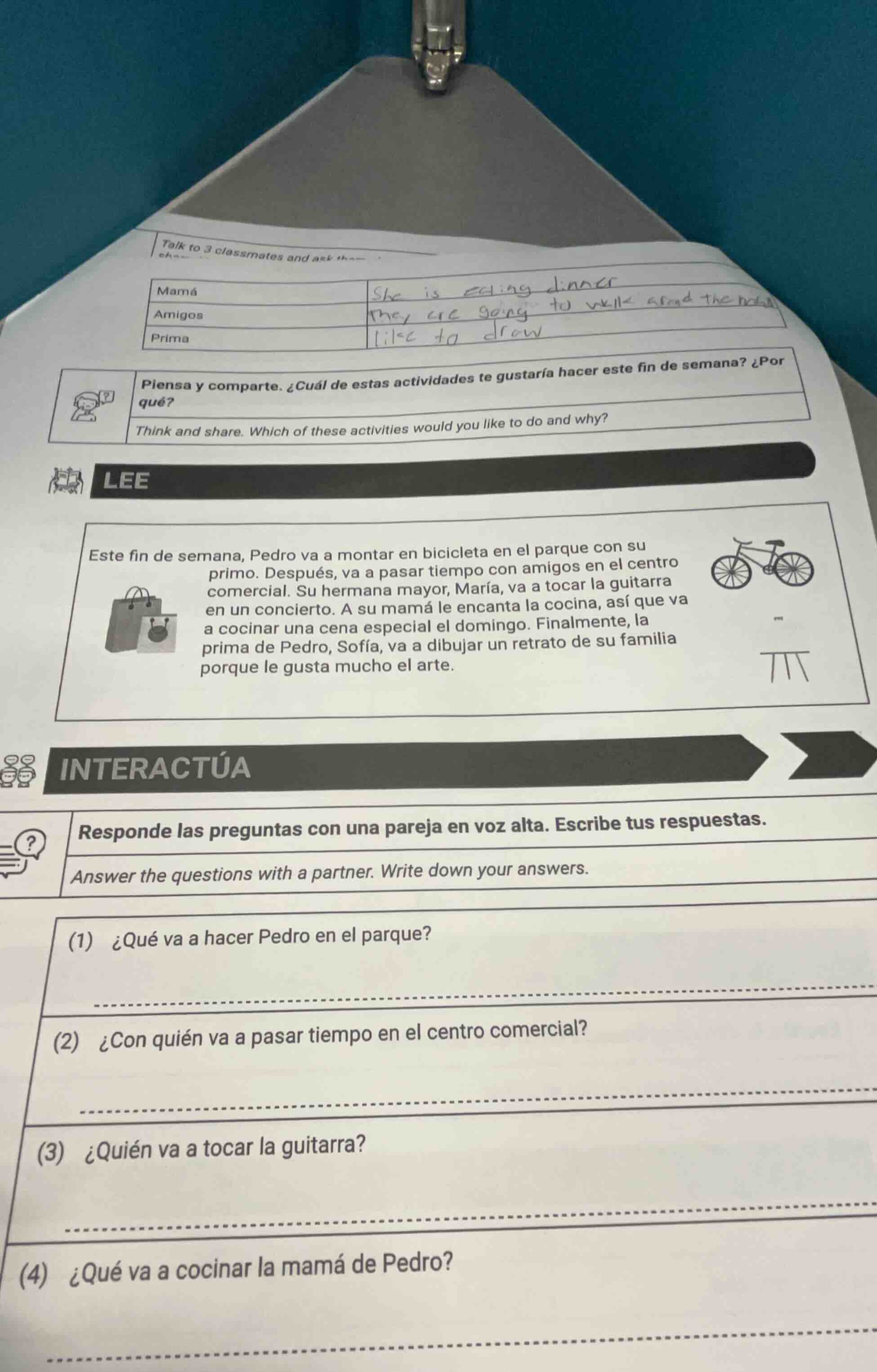 talk to 3 classmates and ask the-mamá she is eating dinneramigos they a…