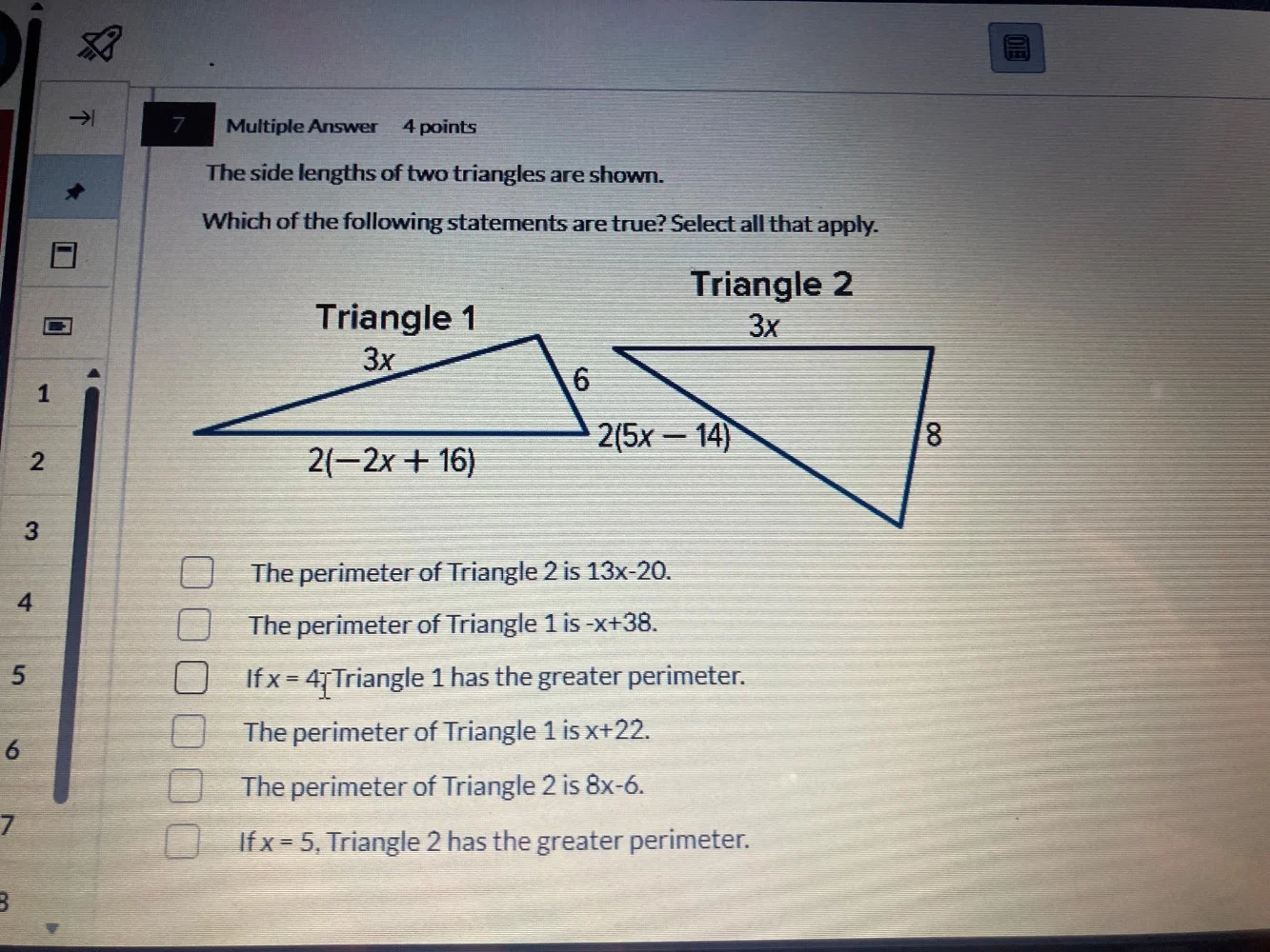 7 multiple answer 4 points the side lengths of two triangles are shown.…