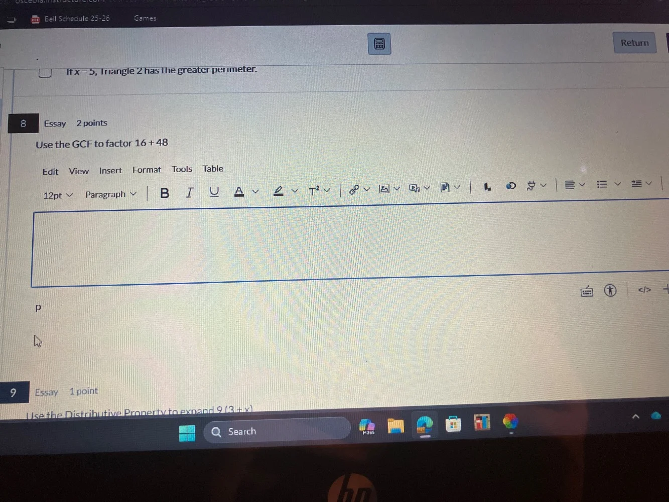 if $x=5$, triangle 2 has the greater perimeter. 8 essay 2 points use th…