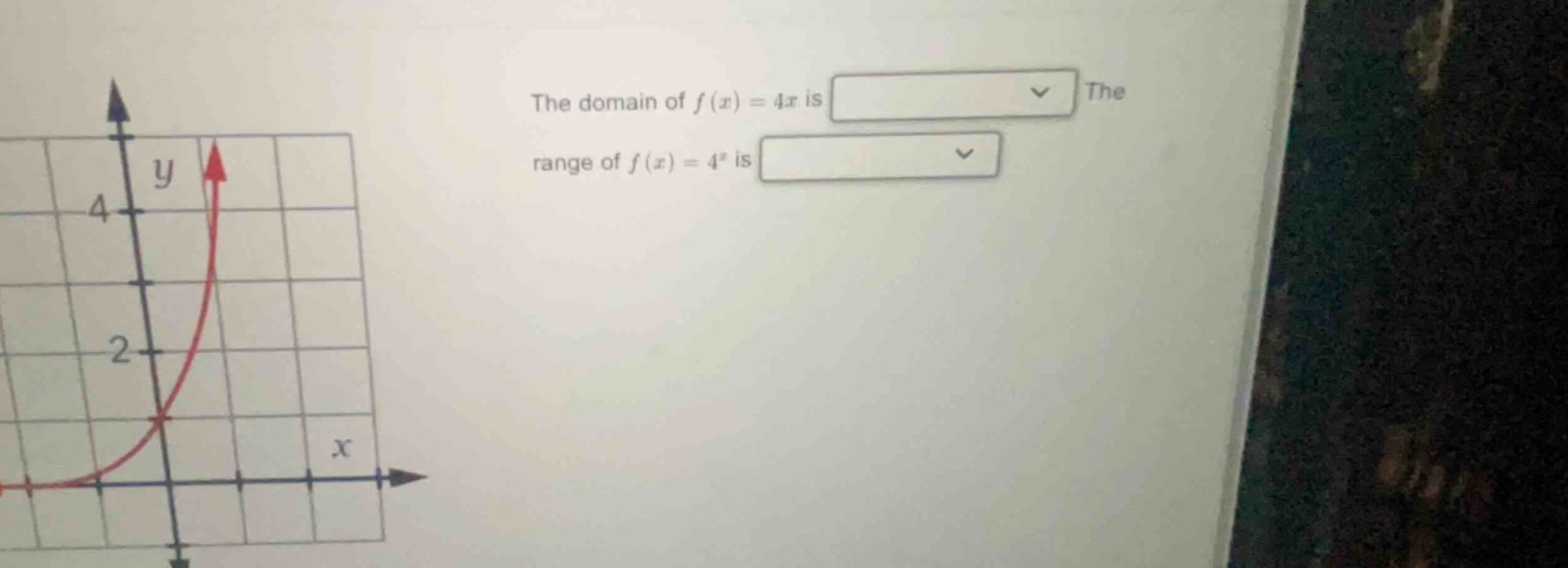 the domain of $f(x)=4x$ is the range of $f(x)=4^{x}$ is