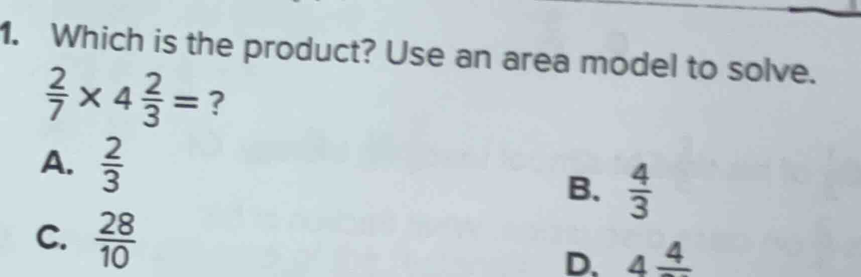 1. which is the product? use an area model to solve. $\frac{2}{7} \time…