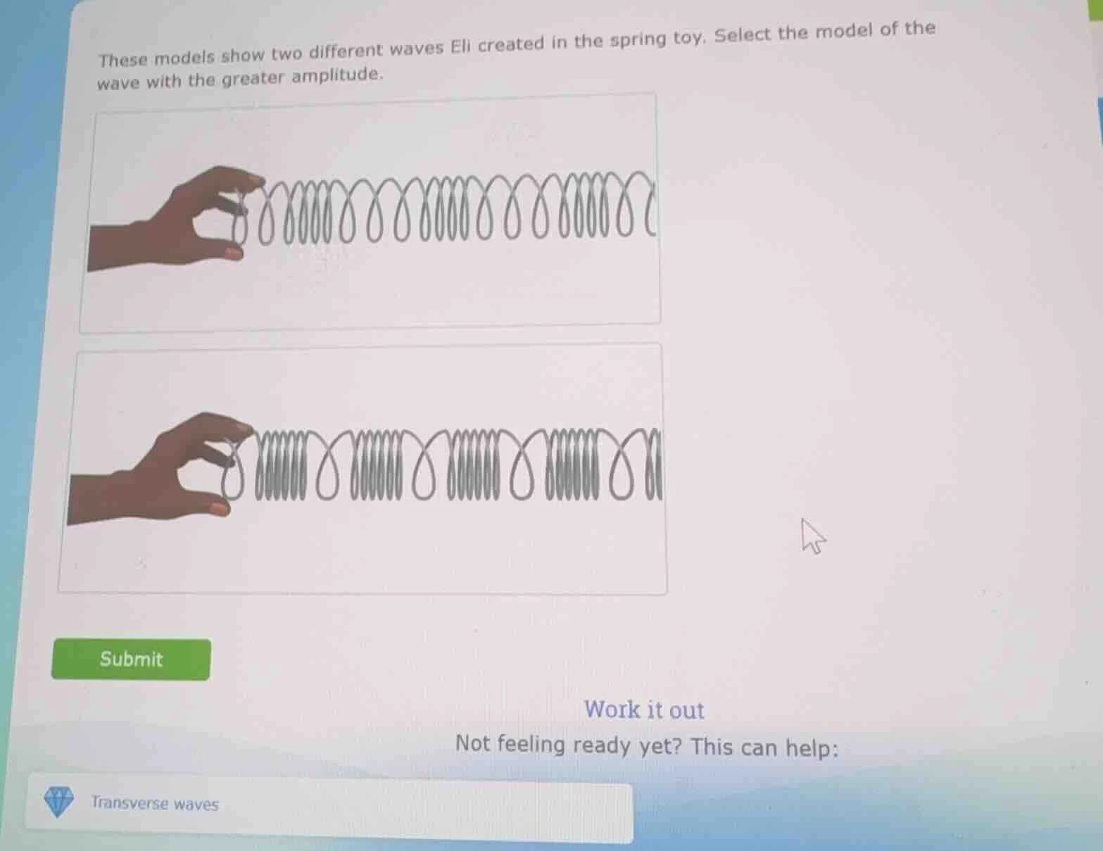 these models show two different waves eli created in the spring toy. se…